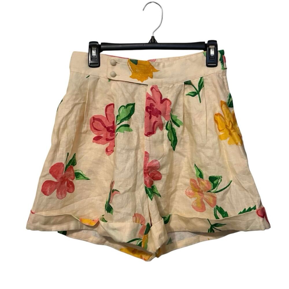 Alemais 100% Linen Cream Floral High Waisted Shorts Size US 6 AU 10 - Picture 4 of 9